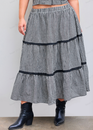 Cotton-blend Mid Rise Gingham Elastic Waist Tiered Midi Skirt Curve & Plus