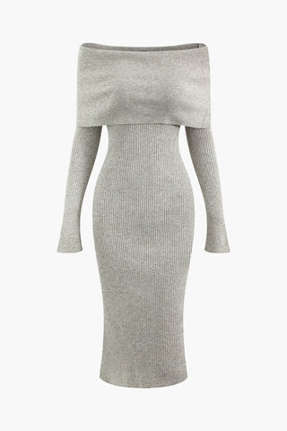 Off Shoulder Long Sleeve Rib Knit Midi Dress