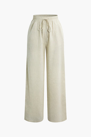 Basic Linen Drawstring Wide Leg Pants