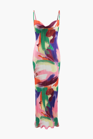 Abstract Cowl Neck Plisse Maxi Dress (L / MULTICOLOR)