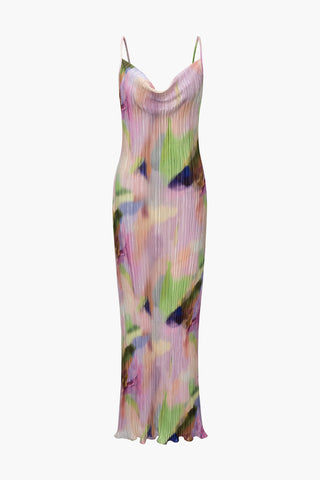 Abstract Cowl Neck Plisse Maxi Dress (L / PINK)