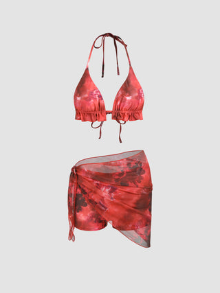 Abstract Pattern Halter Shorts Bikini Set With Mesh Sarong