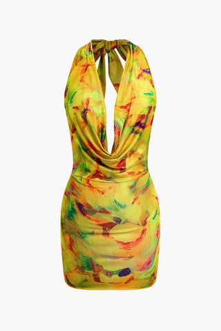 Abstract Print Cowl Neck Backless Mini Dress (L / NEON YELLOW)