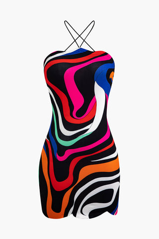 Abstract Print Cross Strap Mini Dress (L / MULTICOLOR)