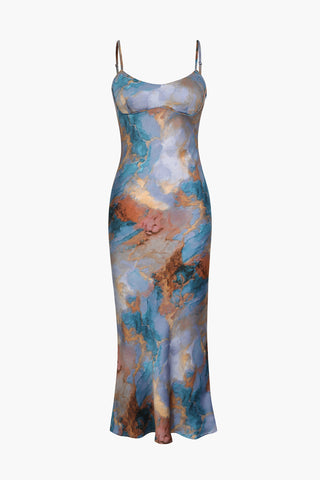 Abstract Print Fitted Midi Slip Dress (S / BLUE)