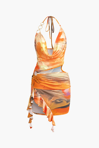 Abstract Print Halter Cowl Neck Slit Mini Dress (M / MULTICOLOR)