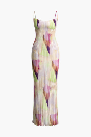 Abstract Print Plisse Slip Maxi Dress (L / MULTICOLOR)