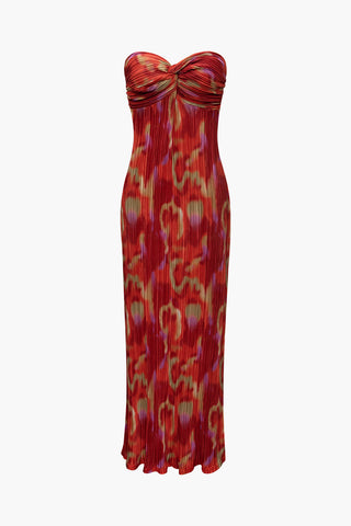 Abstract Print Plisse Strapless Maxi Dress (M / MULTICOLOR)