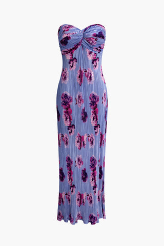 Abstract Print Plisse Strapless Maxi Dress (M / PURPLE)