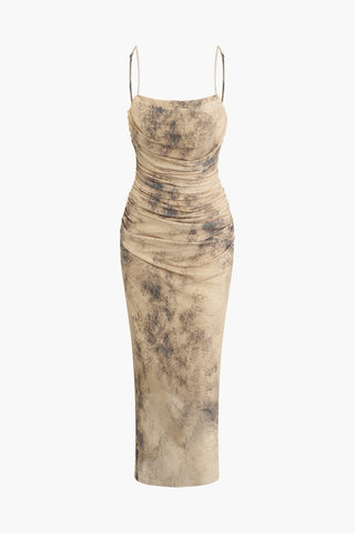 Abstract Print Ruched Mesh Cami Midi Dress (L / CINNAMON)