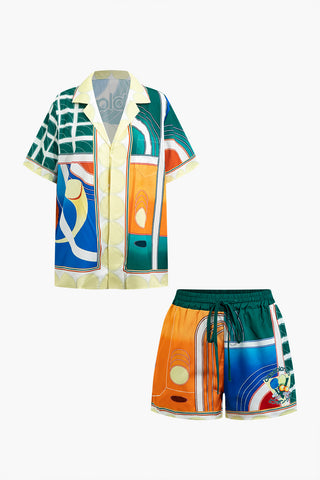 Abstract Print Shirt And Shorts Set (L / MULTICOLOR)