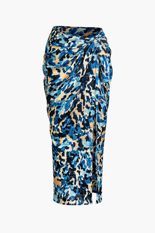 Abstract Print Twist Detail Slit Maxi Skirt (M / MULTICOLOR)