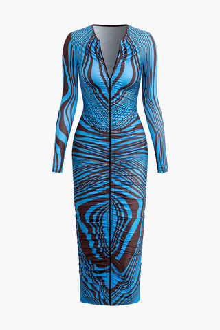 Abstract Print Zipper Ruched Long Sleeve Maxi Dress (L / BLUE)