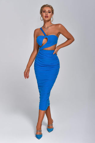 Alexis Cutout Mesh Midi Bandage Dress (L / Blue)