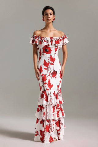 Ali Off Shouder Printed Maxi Dress (S / White)