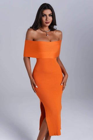 Alice Midi Off Shoulder Sweater Dress (S / Orange)