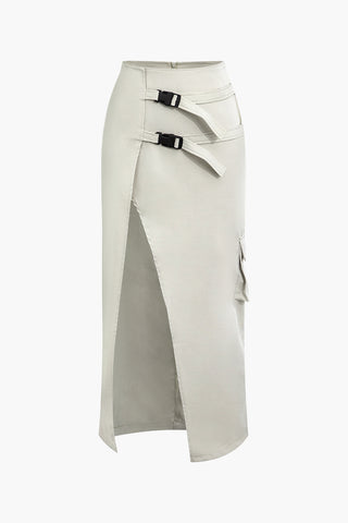 Asymmetric Belted Flap Pocket Split Maxi Skirt (L / BEIGE)