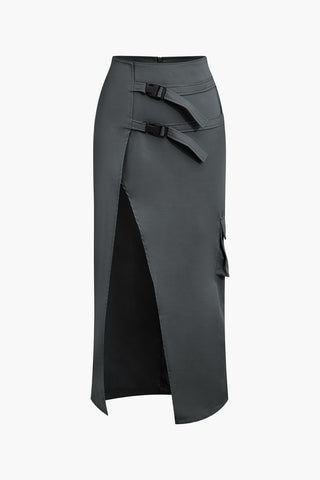 Asymmetric Belted Flap Pocket Split Maxi Skirt (XL / DARK GRAY)