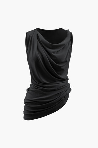 Asymmetric Cowl Neck Ruched Tank Top (L / BLACK)