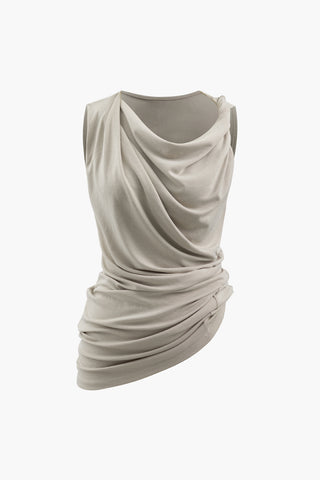 Asymmetric Cowl Neck Ruched Tank Top (L / NUDE)