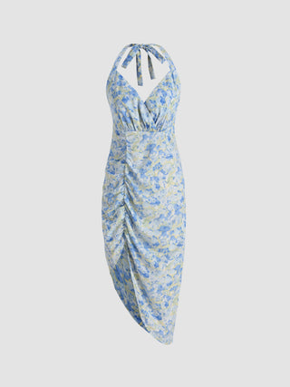 Asymmetric Floral Halter Midi Dress (L / Blue)