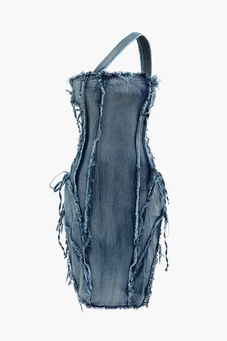 Asymmetric Frayed Denim Mini Dress (L / STEEL BLUE)