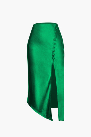 a green skirt with a slit on the side