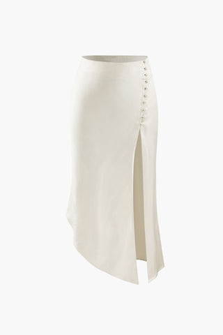 Asymmetric Hem Slit Button Deco Skirt (XS / BEIGE)