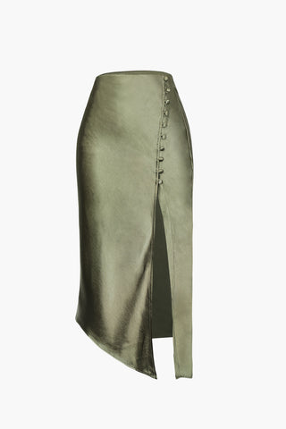 Asymmetric Hem Slit Button Deco Skirt (XS / OLIVE)