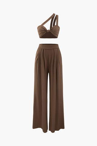 Asymmetric Knotted Cami Top And Pleated Pants Set (M / BROWN)