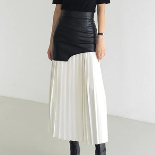 Asymmetric Patchwork Faux Leather Chiffon Pleated Midi Skirt