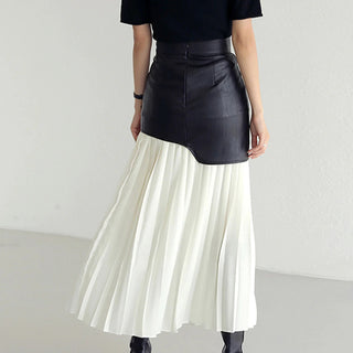 Asymmetric Patchwork Faux Leather Chiffon Pleated Midi Skirt