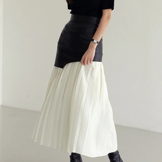 Asymmetric Patchwork Faux Leather Chiffon Pleated Midi Skirt