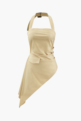 Asymmetric Pleated Halter Top (L / KHAKI)