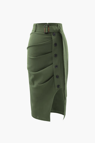 Asymmetric Pleated Midi Skirt (XL / MILITARY)