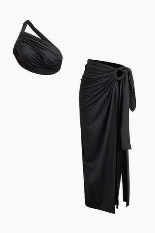 Asymmetric Ruched Cami Top And Tie Split Maxi Skirt Set (L / BLACK)