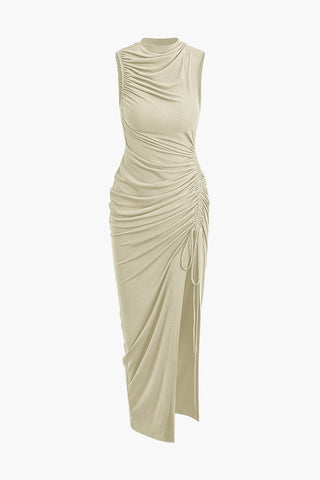 Asymmetric Ruched Drawstring Slit Sleeveless Maxi Dress (XL / BEIGE)