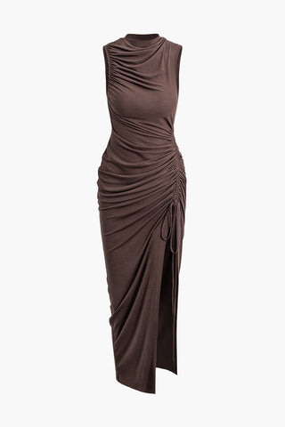 Asymmetric Ruched Drawstring Slit Sleeveless Maxi Dress (XL / BROWN)