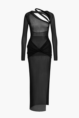 Asymmetric Sheer Mesh Slit Long Sleeve Maxi Dress (S / BLACK)