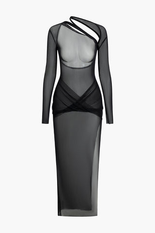 Asymmetric Sheer Mesh Slit Long Sleeve Maxi Dress (XL / BLACK)