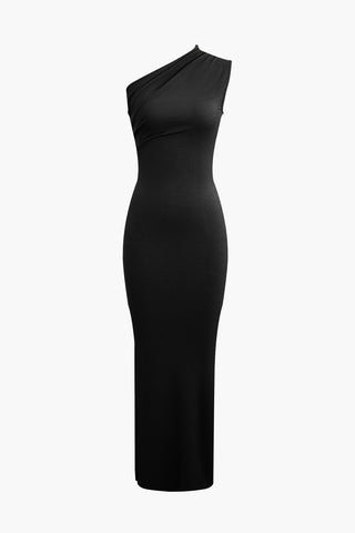 Asymmetric Sleeveless Slit Maxi Dress (L / BLACK)