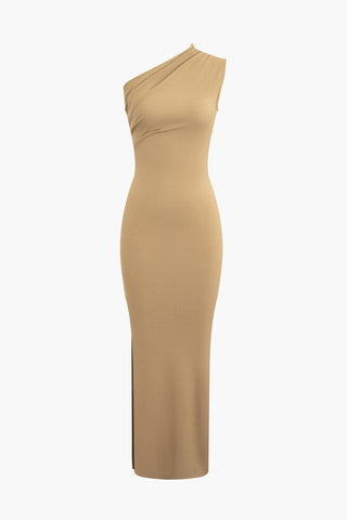 Asymmetric Sleeveless Slit Maxi Dress (L / KHAKI)