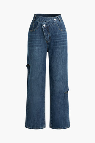 Asymmetric Waist Ripped Straight Leg Jeans (XL / BLUE)