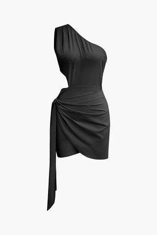 Asymmetrical Cut Out Ruched Tie Mini Dress (M / BLACK)