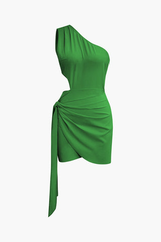 Asymmetrical Cut Out Ruched Tie Mini Dress (S / GREEN)