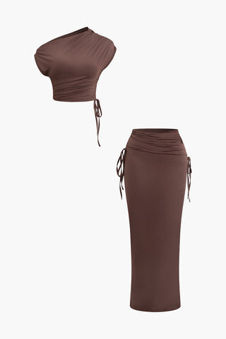 Asymmetrical Drawstring Short Sleeve Crop Top And Maxi Skirt Set (S / BROWN)