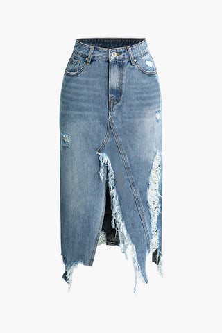 Asymmetrical Frayed Destroyed Split Denim Midi Skirt (M / BLUE)