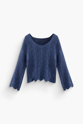 Asymmetrical Hem U Neck Long Sleeve Knit Top (S / ROYAL)