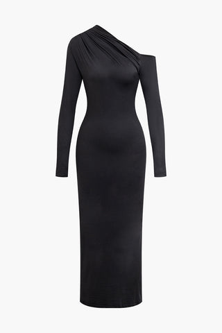 Asymmetrical Long Sleeve Maxi Dress (L / BLACK)