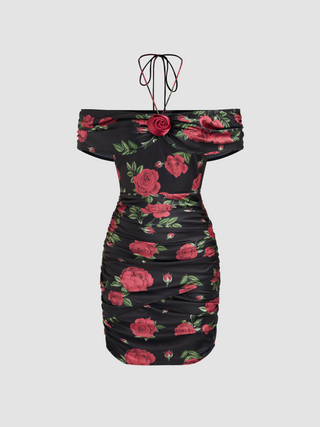 Asymmetrical Neck Rosette Floral Ruched Mini Dress